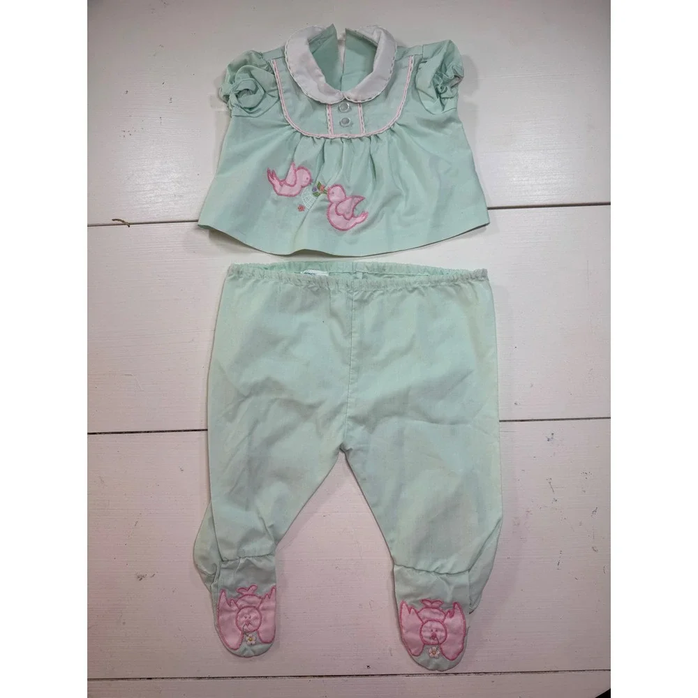 Vintage Mint Green Bird Embroidered Baby Set Top and Footed Pants 0-3 Months
